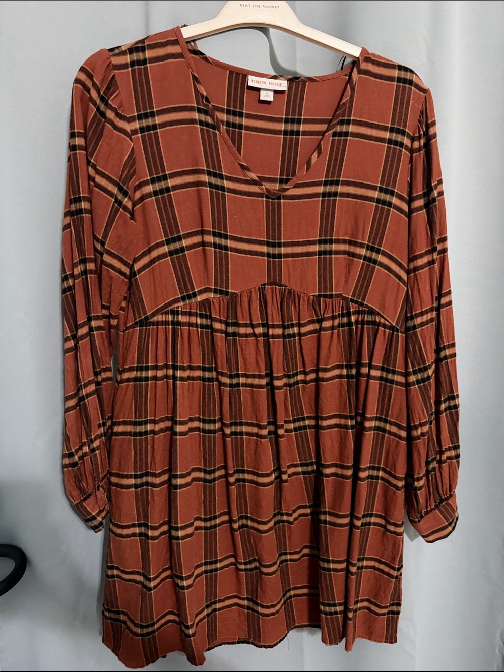 Knox Rose Rust Plaid Long-Sleeve Babydoll Tunic Dress